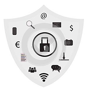 Business data protection technology and cloud network security, icons set vector.