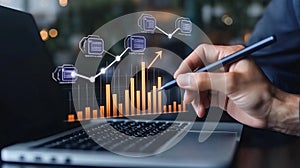 Business Data Visualization and Holographic Growth Chart Analysis Pen Interaction Scene