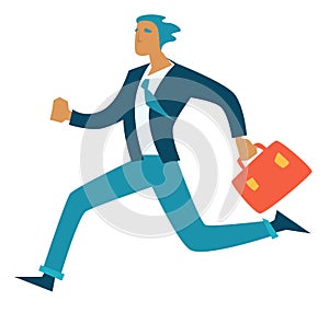 Business deadline businessman in hurry running with briefcase isolated character