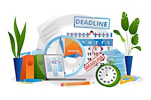 Business deadline, time management concept vector illustration. Flat clock in work office, success strategy plan banner.