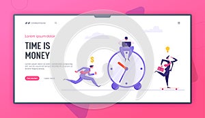 Business Deadline Time Management Landing Page Template Concept with Businessmen and Alarm Clock. Office Workers