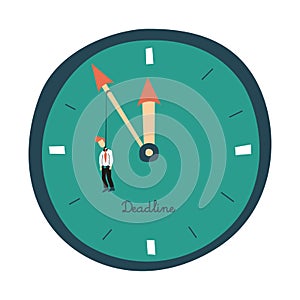 Business deadline vector concept with businessman hanging on clock face. Symbol of time management, project planning. Eps10 vector