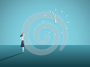 Business deadline vector concept with businesswoman staring at a clock on the wall. Symbol of stress at work, management