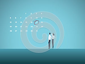 Business deadline vector concept with man and woman looking at calender. Symbol of project management, milestones