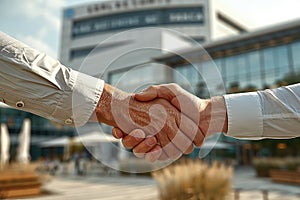 Business deal - handshaking on background of business hall.