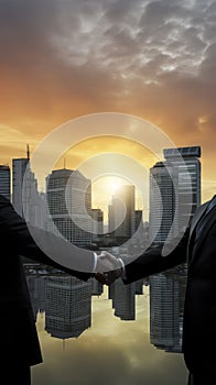 Business Deal Sealed, Two Men Shake Hands in Front of City Skyline