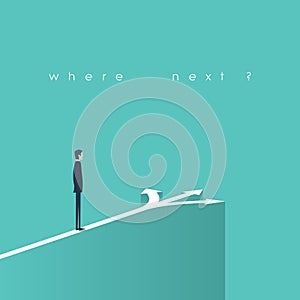 Business decision concept illustration. Businessman standing in front of arrows as symbol for choice, career path or