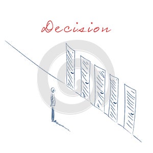 Business decision concept illustration. Businessman standing in front of doors as symbol for choice, career path or