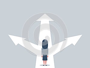 Business decision concept vector illustration. Businesswoman standing on the crossroads with three arrows and directions