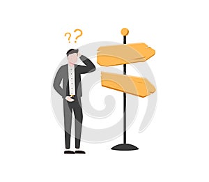 Business decision making, career path, work direction or choose the right way to success concept, confusing businessman looking at