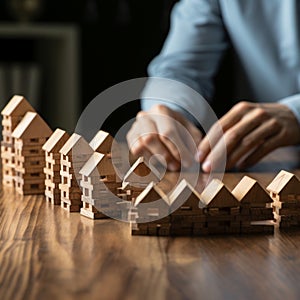 Business defense Hands safeguard dominoes, symbolizing risk control and insurance