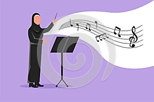 Business design drawing Arab woman conductor. Female musician perform on stage directing symphony orchestra. Classical music