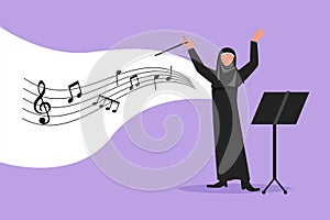 Business design drawing Arab woman music orchestra conductor. Female musician with arm gestures. Expressive conductor directs