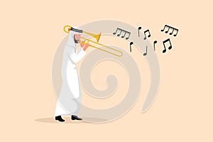 Business design drawing Arabian trombone player character. Male performer playing wind instrument. Jazz man. Musician play trumpet