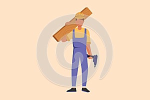 Business design drawing timber frame house construction worker. Repairman standing with board, tool box, and drill. Building,