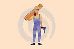 Business design drawing timber frame house construction worker. Repairwoman standing with board, tool box, drill. Building,