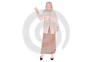 Business design drawing young Arabian businesswoman showing peace gesture with finger. Female character with victory sign.