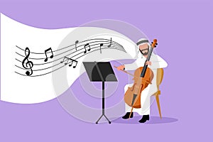 Business design drawing young Arabian male performer playing on contrabass. Cellist man playing cello, musician playing classical