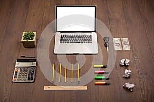 Business desk with office supplies and modern laptop white background