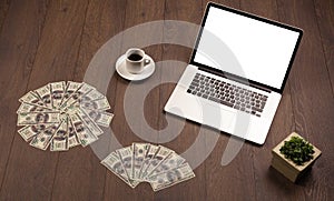 Business desk with office supplies and modern laptop white background