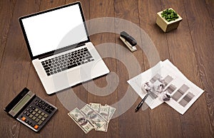 Business desk with office supplies and modern laptop white background