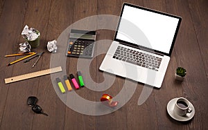 Business desk with office supplies and modern laptop white background