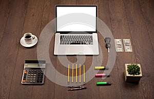 Business desk with office supplies and modern laptop white background