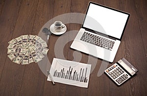 Business desk with office supplies and modern laptop white background