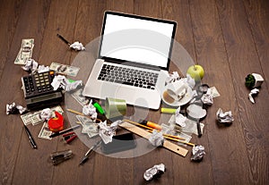 Business desk with office supplies and modern laptop white background