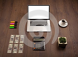 Business desk with office supplies and modern laptop white background