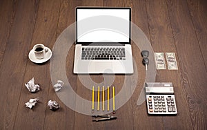 Business desk with office supplies and modern laptop white background
