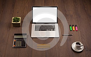 Business desk with office supplies and modern laptop white background