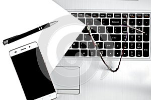 Business desk, set of modern computer devices