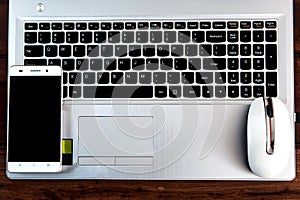 Business desk, set of modern computer devices