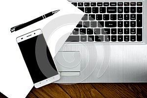 Business desk, set of modern computer devices