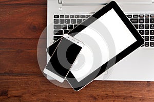 Business desk, set of modern computer devices