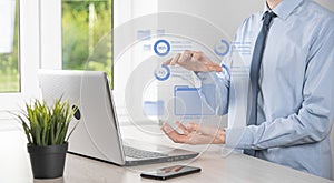 Business developer hand using board framework on virtual modern computer showing innovation Agile software development lean