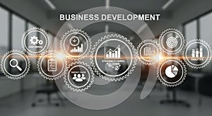 Business Development Concept with Gears and Icons for Strategic Growth and Success