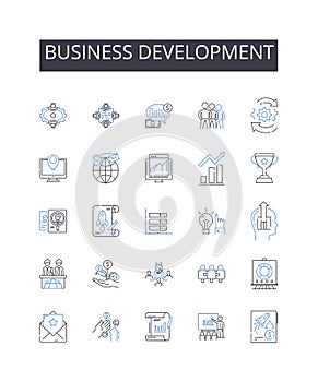 Business development line icons collection. Marketing strategy, Product management, Human resources, Sales technique