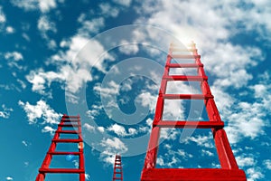 Business Development Motivation Career Growth Concept. Red Staircase Rests Against Blue Sky And Clouds