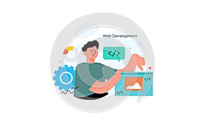 Business development, programming Illustration. People working on web and application development on computers. Software developer