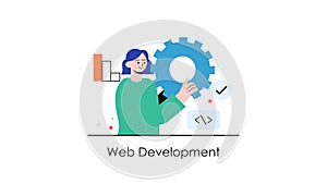 Business development, programming Illustration. People working on web and application development on computers. Software developer