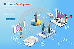 Business development team analysing growth graph marketing charts on computer and gadget devices. Global network connection