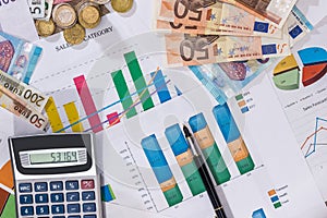 Business diagram with euro coins, euro bills