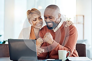 Business, digital success and home couple with computer of black people and winning together. Happy, winner and trading