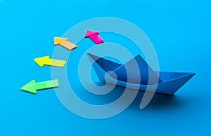 Business direction with boat paper and arrow on blue background.investment success concepts ideas