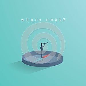 Business direction concept vector with businessman standing on compass showing direction. Symbol of business strategy