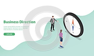 Business direction discussion with compass as symbol with isometric modern style for website template or landing homepage