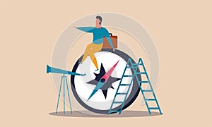 Business discovery and leader man journey. Strategy executive navigation way and compass arrow vector illustration concept. Future