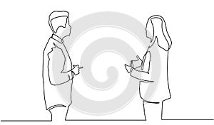 Business discussion of man and woman continuous line drawing one lineart design minimalist vector illustration. Single continuous